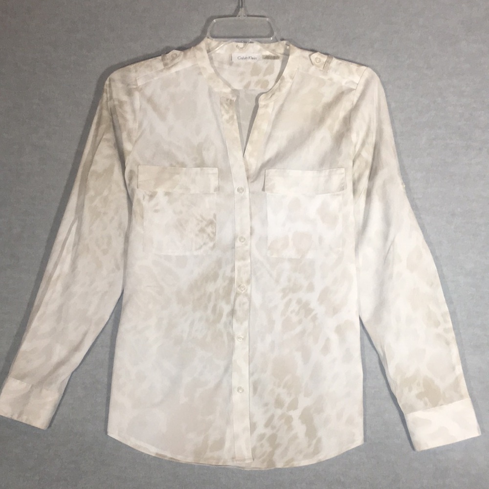 CALVIN KLEIN Long Line Button Up V Neck 2 Pocket Long Sleeve or Roll Up with Tab